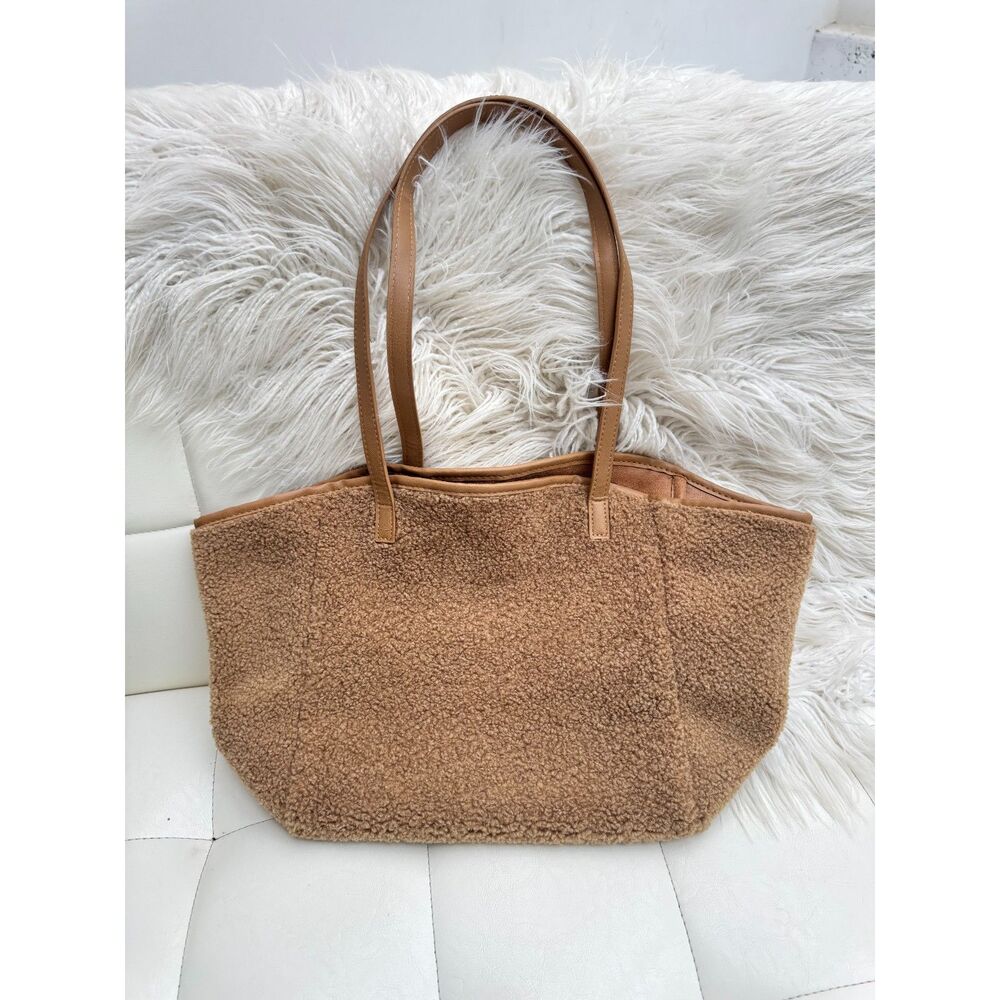 Neiman Marcus Teddy Faux Shearling Sherpa Tote Bag Tan Camel